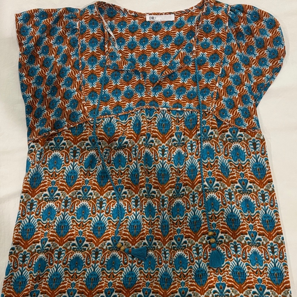 DR2 Blue and Orange Boxy Cap Sleeve Blouse with Bib Collar